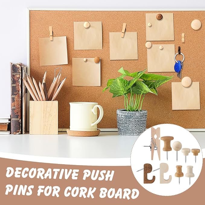 600 Pcs Decorative Push Pins, Wood Brown Thumb Tacks 6 Types Cute Push Pin Clips for Bulletin Board Wall Cork Board Colorful Classroom Decor Teacher Must Haves Supplies School Crafts Project