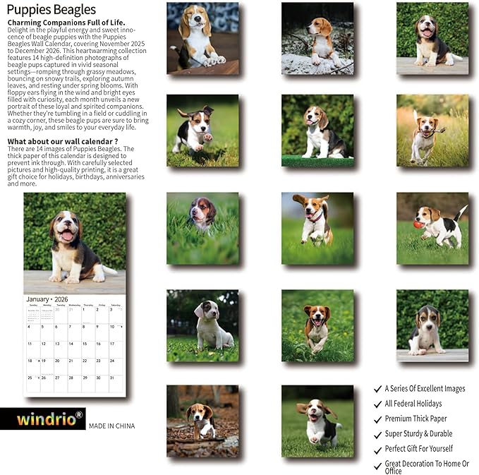 2026 Wall Calendar,Calendar 2026, November 2025 - December 2026, Wall Calendar Puppies Beagles, 12" x 24" Opened,Full Page Months Thick & Sturdy Paper for Gift Perfect Calendar Organizing & Planning