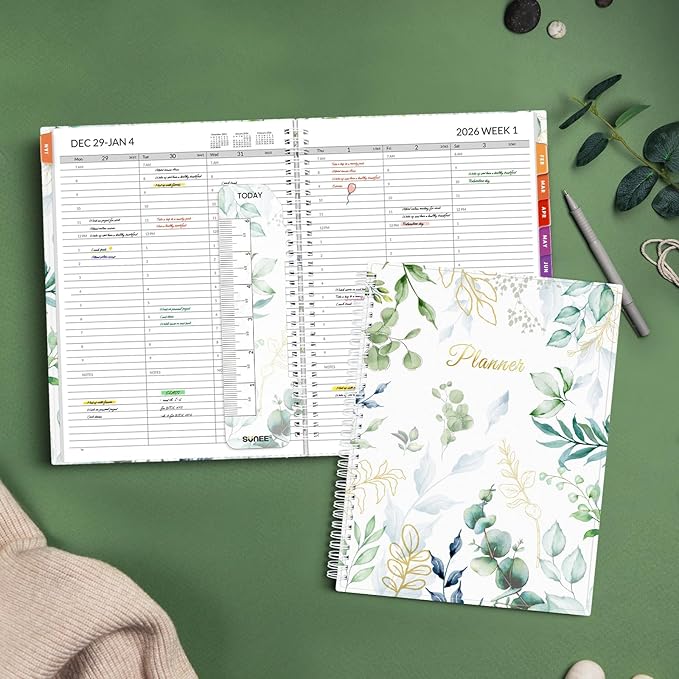 SUNEE 2026 Appointment Book, 2026 Hourly Planner 8.5" x 11", Hourly, Weekly & Monthly Planner - from January 2026 - December 2026, Flexible Cover, Note Page, Pocket, Bookmark, Leaves