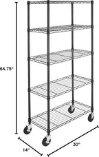 Amazon Basics 5-Shelf Adjustable, Heavy Duty Storage Shelving Unit on 4'' Wheel Casters, Metal Organizer Wire Rack, 30" L x 14" W x 64.75" H, Black