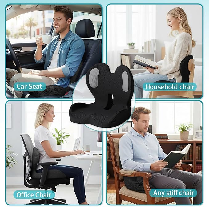 Memory Foam Seat Cushion,Office Chair Cushion with Lumbar Support,L-Shape Ergonomic Cushions with Strap,Non-Slip Sciatica,Hemorrhoids, Tailbone Pain Relief for Office Workers,Driver(Black+Mesh cloth)