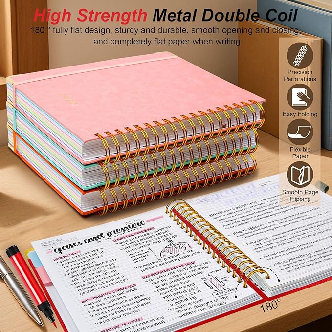 Hardcover Spiral Notebook 6.2"x 8.2" Journal Notebook with Tabs and Removable Dividers 300 Pages 5 Subject Notebook College Ruled, Faux Leather Spiral Bound Notebook for Women School Work(Red)
