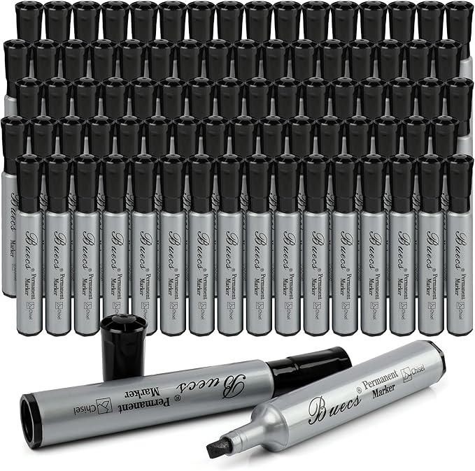 Buecs Permanent Markers, 80 Count Black Permanent Markers, Chisel tip, Waterproof &Fade Resistant, Quick Drying, Office Supplies for School, Office, Home