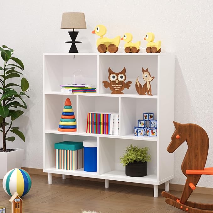 Chyanmoo Wood Cube Storage Organizer White Bookshelf - 3-Tier Freestanding Storage Cabinet with Legs for Home Office, 7-Cubes Open Shelf