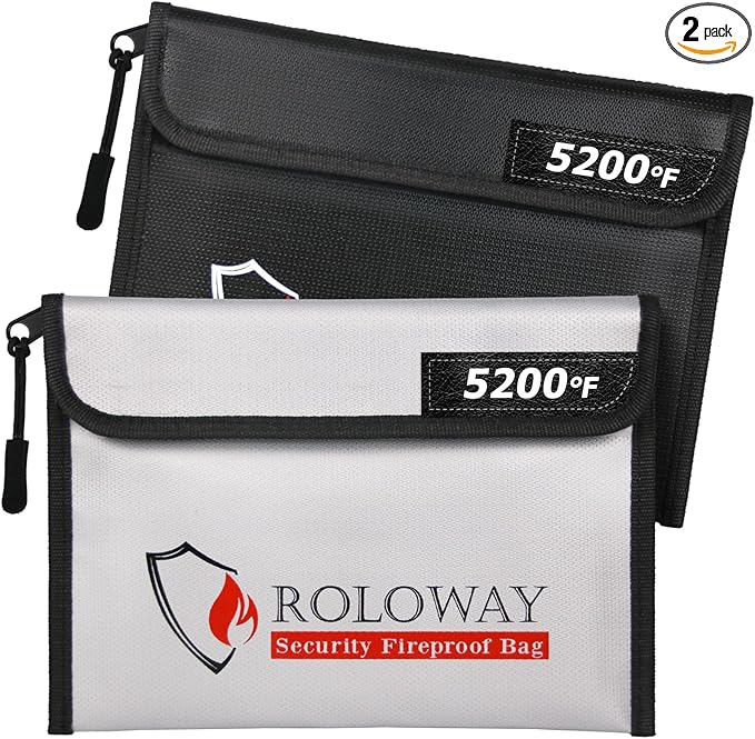 ROLOWAY Fireproof Bag (9.6 x 6.6 inches) 5200℉ Heat Insulated, Fireproof Money Bag with Zipper for Cash (2-Pack)