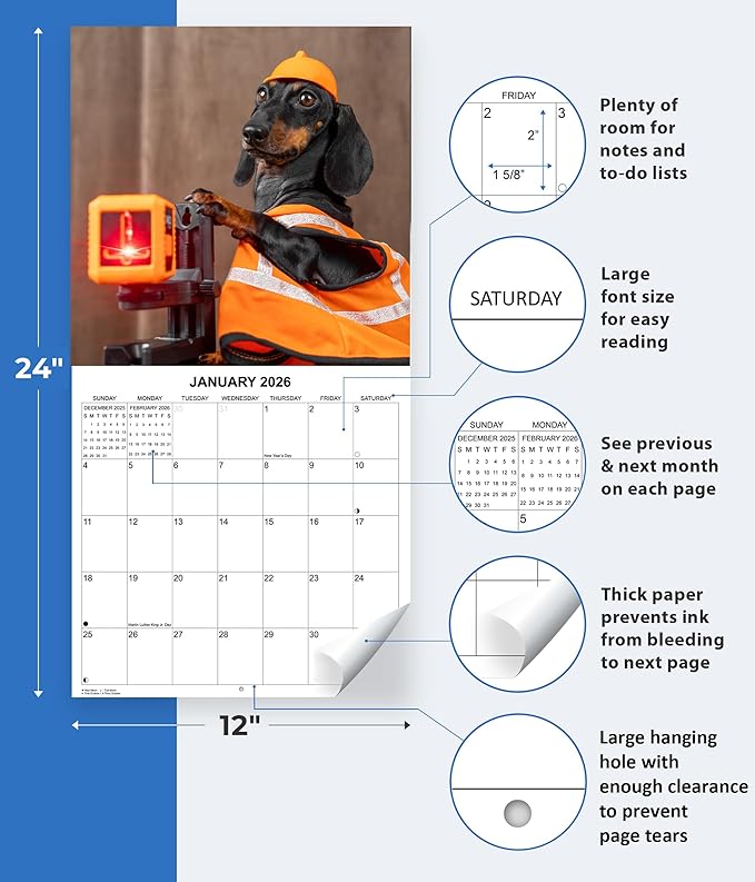 2026 Dachshunds at Work Weiner Dog Monthly Wall Calendar | Funny Wiener Dog Calendar September 2025 - December 2026