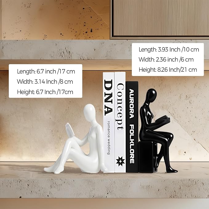TYGKROF Decorative Bookends,Ceramic Statue Book Ends,Home Office Modern Bookends,Decor Aesthetic Reading Book Holders for Bookshelf,Bedroom Living Room Decoration Unique Bookends(Black and White)
