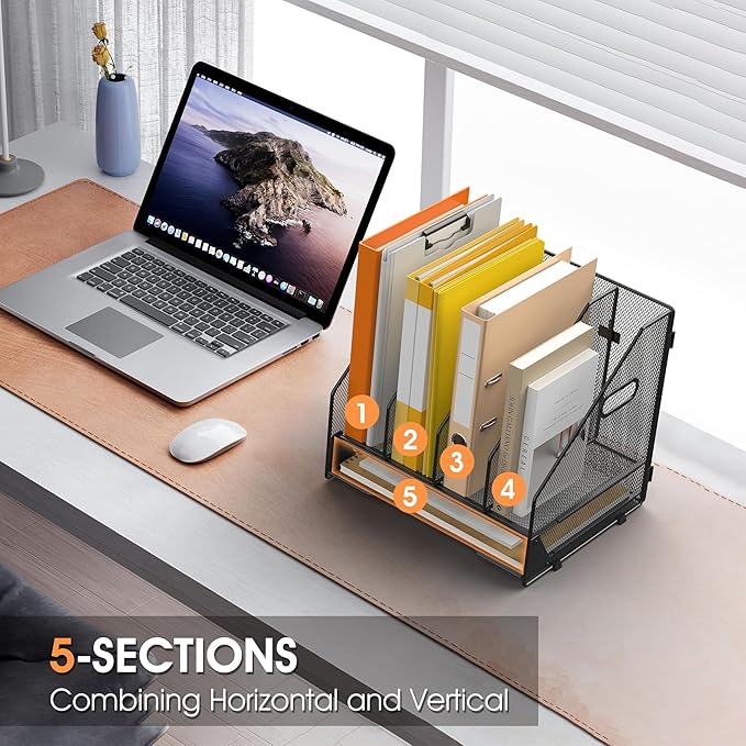 OrgMate Desk File Folder Holder Organizer-4 Vertical Compartments Racks and Paper Letter Tray,Mesh Magazine File Holder Sorter,Desktop Accessories & Workspace Organizers for Home,Office,School-Black