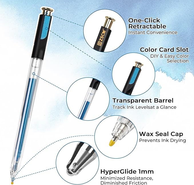 ZSCM Retractable Glitter Gel Pens, 12 Colors Large Capacity Blue Glitter Metallic Gel Ink Pen, 1 mm Fine Point Smooth Writing Color Pens for Adult Coloring Book Note Taking Aesthetic Art Supplies