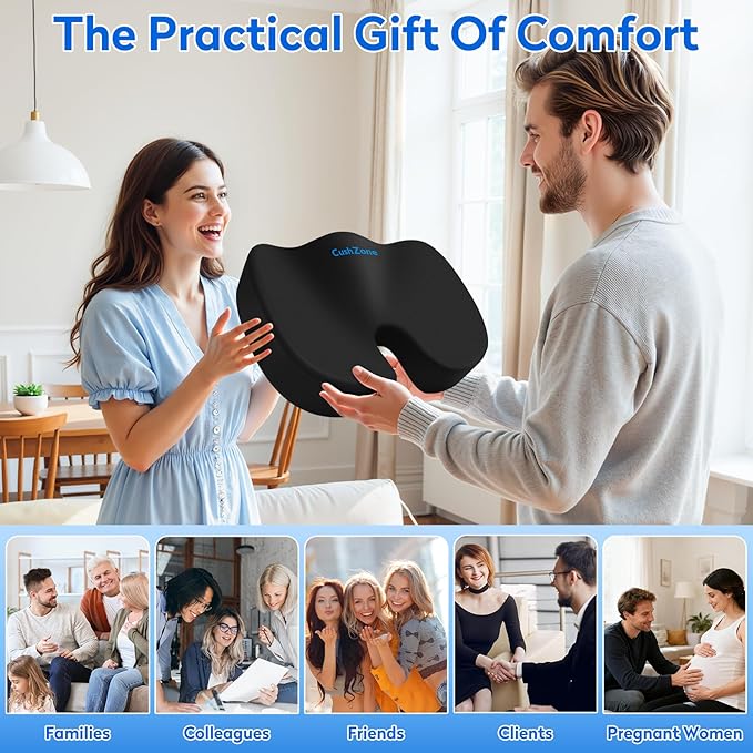 CushZone Seat Cushion, Memory Foam Cushion for Office Chair, Car Seat, Airplane, Chair Pad for Postpartum Pregnancy, Sciatica Tailbone Back Pain Relief for Long Sitting Workers, Car Drivers, Black