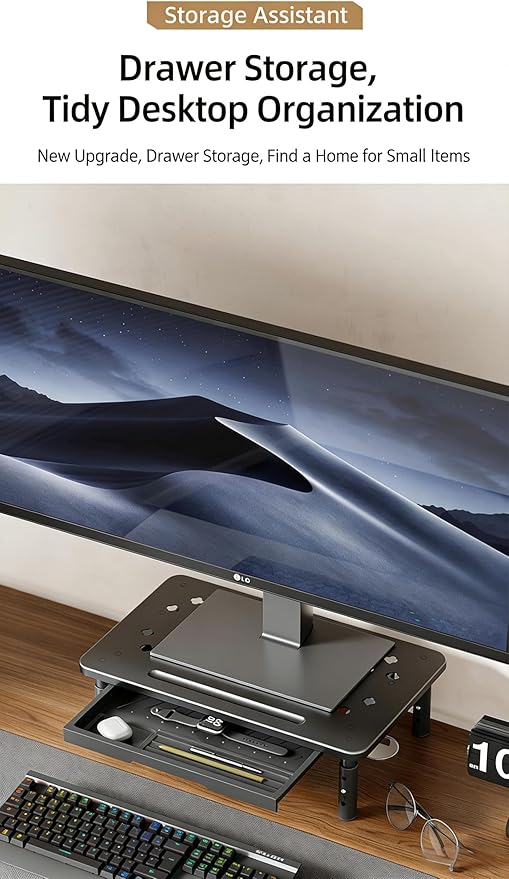 PLENTY MORE Adjustable Ergonomic Monitor Stand with Spacious Storage Shelf - Heavy-Duty Steel for Home Office & Gaming, Reduces Neck/Back Strain, Elevates Screens to Eye Level