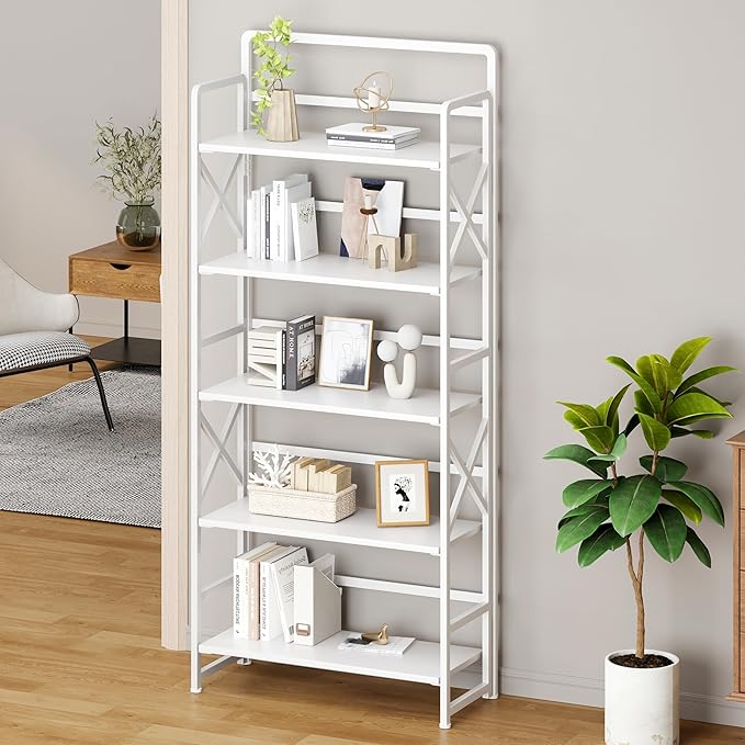 THKKY No Assembly Folding Bookshelf, 5 Tiers Vintage Wood Collapsible Book Shelf for Storage,Industrial Metal Foldable Bookcase Organizer for Living Room Bedroom Home Office (White)