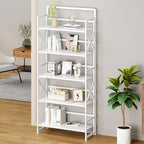 THKKY No Assembly Folding Bookshelf, 5 Tiers Vintage Wood Collapsible Book Shelf for Storage,Industrial Metal Foldable Bookcase Organizer for Living Room Bedroom Home Office (White)