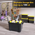 Nazhura 97 Quart Plastic Storage Bin, Stackable and Nestable Storage Boxes with Yellow Lids and Secure Latching Buckles, Large Storage Container (Black/Yellow, 97Quart-4Pack)
