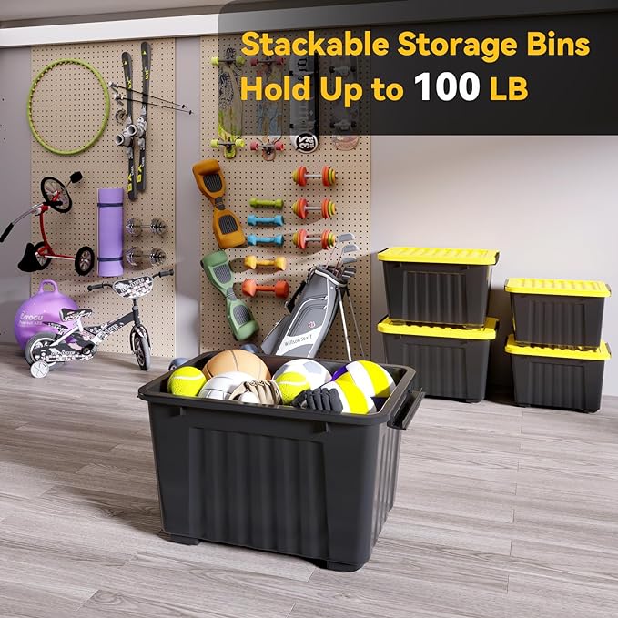 Nazhura 72 Quart Plastic Storage Bin, Stackable and Nestable Storage Boxes with Yellow Lids and Secure Latching Buckles, Large Storage Container (Black/Yellow, 72Quart-4Pack)