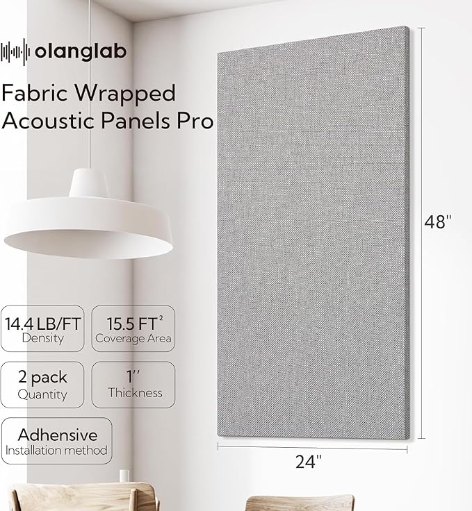 Olanglab Acoustic Panels 2 Pack, 48''x24'' Large Sound Panels, Fabric Wrapped Sound Proof Foam Panels for Walls, Sound Absorbing Panels for Recording Studio Acoustical Treatments (Light Grey)