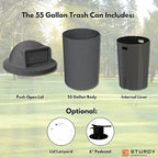 Campus Collection 55 Gallon Round Plastic Heavy Duty Commercial Indoor or Outdoor Trash Can with Push Open Dome Lid and Internal Liner | Great for Schools and Businesses - Dark Granite