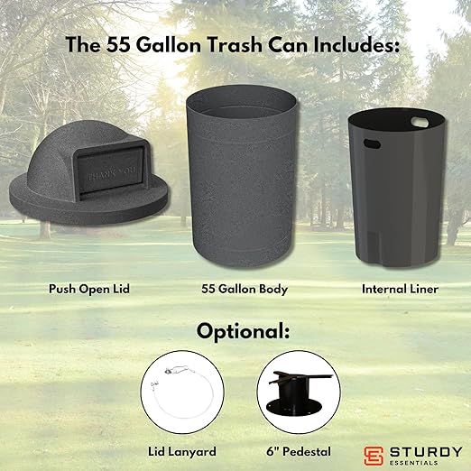 Campus Collection 55 Gallon Round Plastic Heavy Duty Commercial Indoor or Outdoor Trash Can with Push Open Dome Lid and Internal Liner | Great for Schools and Businesses - Dark Granite