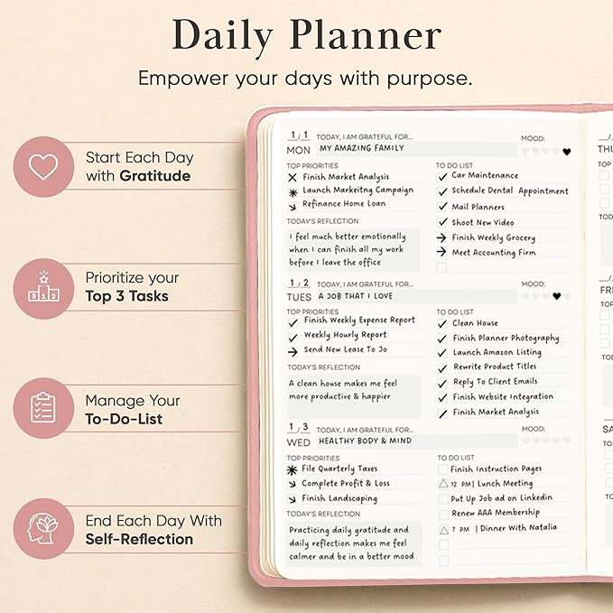 Mantra Planner 2026 Planner, Daily Journal & Gratitude Journal All-In-One with To Do List, Self Care Prompts & Habit Tracker - 7 x 10 - Pink