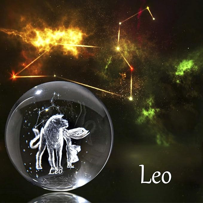 Crystal 3D Constellation Ball Crystal Paperweight Full Sphere Glass Fengshui with Sliver-Plated Flowering Stand(Leo)