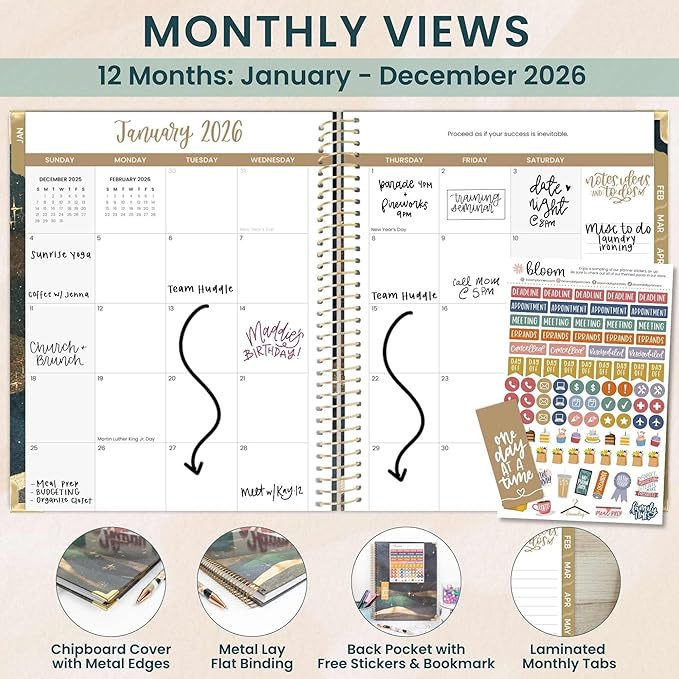 bloom daily planners HARDCOVER 2026 Planner (January to December) - 8.5” x 11” Weekly & Monthly Dated Agenda Organizer Book with Stickers & Tabs - Celestial Skies