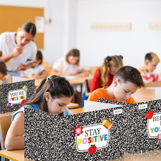 Cinrobiye 24 Pcs Composition Privacy Folders Standard for Students Cardboard Shields Test Privacy Boards Inspirational Words Desk Dividers Shield for Classroom School Study Supplies (Black)