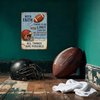 With Faith Football Metal Sign – Vintage Christian Sports Wall Art for Locker Room, Bedroom, or Gym – Motivational Gift for Athletes, Coaches, and Football Fans (FOOTBALL)