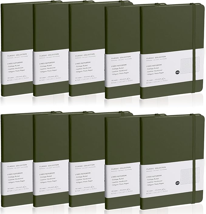 EMOMAS Lined Journal Notebook, 10Pack Hardcover Notebook for Men & Women – Journals for Writing, Work, School, Home & Daily Notes, 160 Pages – Medium A5, 5.7"x8", 100 gsm Thick Paper (Olive Green)