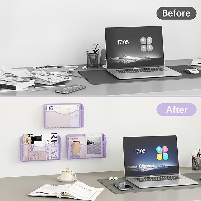 EasyPAG Single Pocket Wall File Organizer, Mesh Hanging File Folder Organizer for Letter/A4 Size Folders, Wall Mounted Vertical Mail Holder for Paperwork, Office, Home, School, Purple