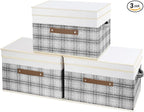 TYEERS Collapsible Storage Bins with Lids, Patchwork Design, Washable, Fabric Storage Boxes, 14.9x9.8x9.8 inches, 3 Pack, Gray