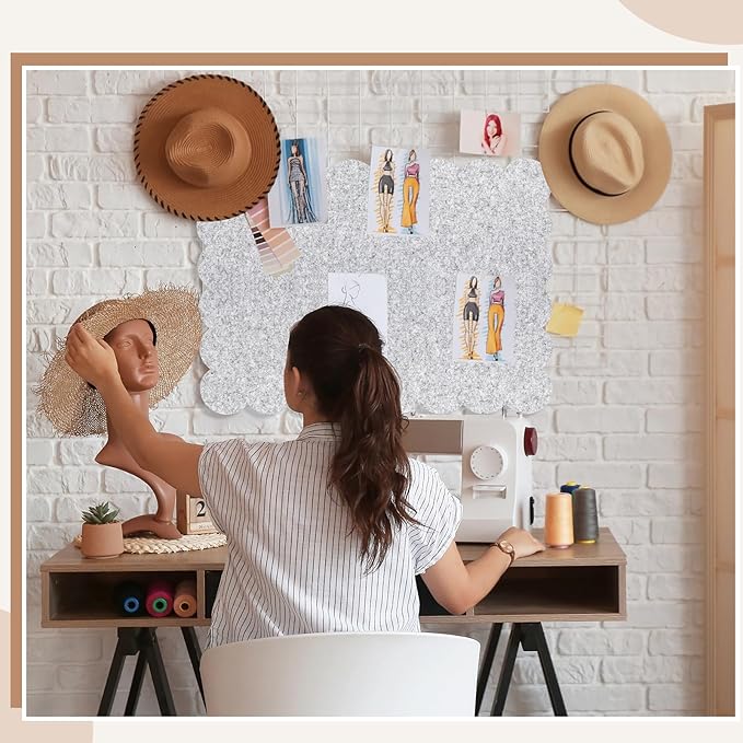 Mooliwe Scalloped Felt Bulletin Board 24 x 18 Inches Foldable Light Gray Pin Cork Board Alternative for Wall, 2' x 1.5' Trifold Picture Vision Self Adhesive Bulletin Decorative