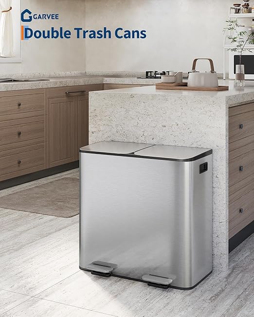 Garvee Trash Can, 2 x 10.6 gal (2 x 40 L) Garbage Can for Kitchen Dual Compartment Recycling Kitchen Step Trash Bin, Stainless Steel Trash and Recycle Bin Combo with Soft-Close Lid,Silver