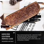Gexmil Genuine Leather Pen Case, Full Grain Leather Pencil Holder, Hand-made Stationery Bag for Work & Office, Vintage Style, Floral Brown