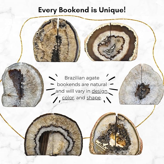 Nature's Decorations A Quality Black Agate Geode Bookends - Heavy Duty with Non-Skid Rubber Bumpers for Shelves, Office, Home Decor - Cool Crystal Stone (1 Pair 3-4 LB)