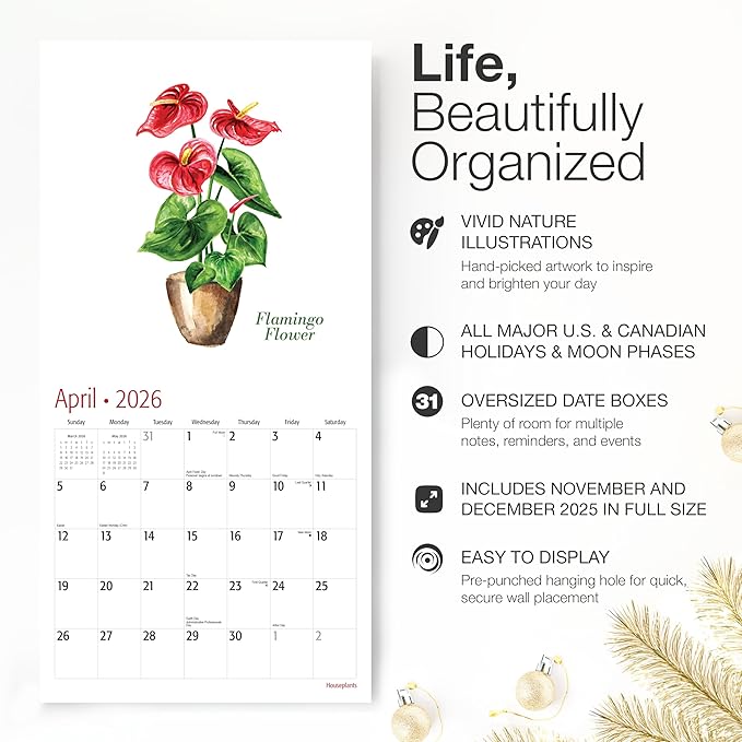 RED EMBER Houseplants 2026 Wall Calendar 12 Month | 12" x 24" Open | Thick & Sturdy Paper | Holiday Gift | Art Nature Calendar 2026