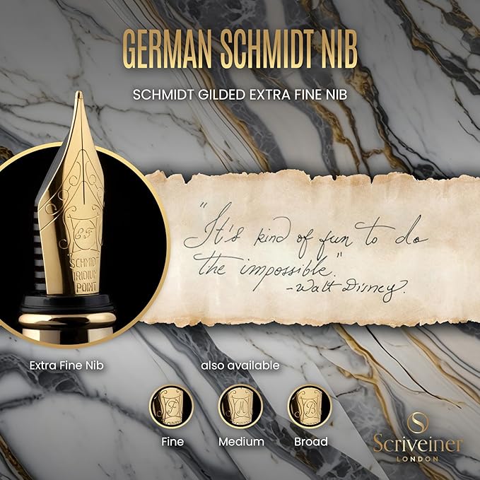 Scriveiner Silver Chrome Fountain Pen - Stunning Luxury Pen, Real Gold Finish, Schmidt Gilded Nib (Extra Fine), Best Gift Set for Men & Women Professional Executive Office Nice Designer Pen