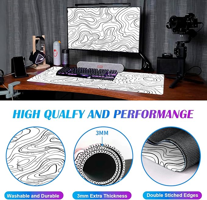 Wave Pattern Laptop Anti Slip Mouse Pad, Office Accessories Decorative Stitching Edge Gaming Mouse Pad 34.5x15.7 Inches