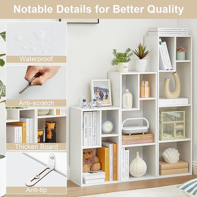 VECELO Narrow Bookshelf Set, Fits 9.3" × 10-12.8" Hardcovers, Cube Storage Bookcases, Free-Standing for Living Room, Bedroom, Home Office, 2/3-Tier, 2-Pack, White