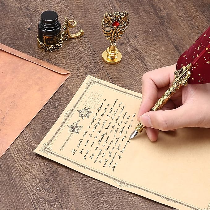 Junhartt Quill Feather Pen and Ink Set, Calligraphy Pen Glass Dip Pen and Wax Seal Stamp Kit (Green)