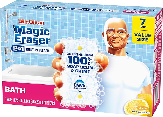 Mr. Clean Magic Eraser Sponge, Bathroom Cleaner, Shower Cleaner, Tub Cleaner, Soap Scum Remover, Bathroom Cleaning Supplies, Dawn Cleaning Power with Lemon Scent, 2 in 1 Bath, 7ct