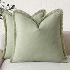 Foindtower Set of 2 Decorative Linen Fringe Throw Pillow Covers Boho Farmhouse Cushion Cover with Tassels Soft Accent Pillowcase for Couch Sofa Bed Living Room Home Decor,24×24 Inch,Light Sage Green