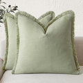 Foindtower Set of 2 Decorative Linen Fringe Throw Pillow Covers Boho Farmhouse Cushion Cover with Tassels Soft Accent Pillowcase for Couch Sofa Bed Living Room Home Decor,18×18 Inch,Light Sage Green