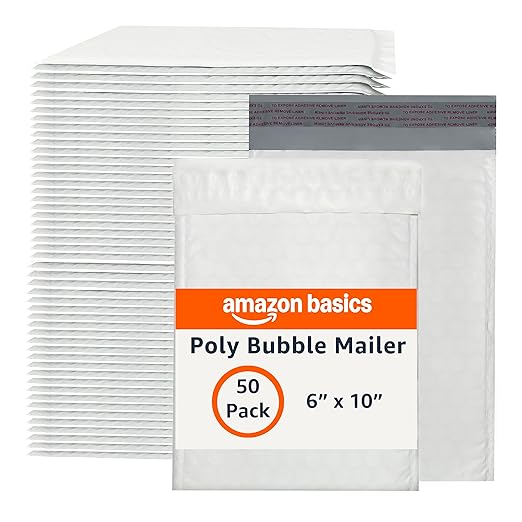 Amazon Basics Poly Bubble Self-Seal Mailer, 6" x 10" (Internal Size - 5.75" x 9"), White, 50-Pack, White/Grey
