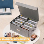 Erogeen Decorative Photo Storage Box with lid 4x6, 8 Inner Photo Organizer with Dividers, Memory Storage Box for Pictures, Stamps, Keepsakes (Gray)