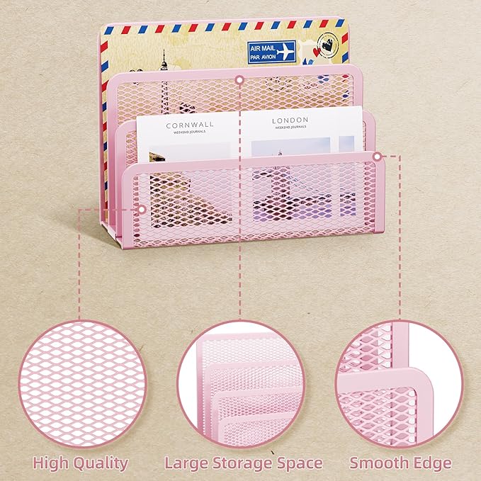 Marbrasse Mail Organizer for Desk, 3-Slot Mesh Metal Mail Holder countertop, Letter Holder, Office Desktop Envelope and Document Storage Rack (Pink)
