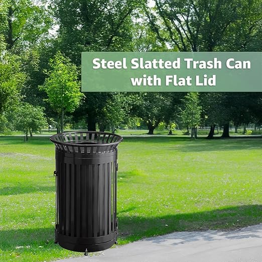 Zedfire 45 Gallon Black Waste Bin with Flat Lid & Door, Outdoor Heavy-Duty Commercial Trash Can Steel Slatted, Round Recycle Container, Durable Garbage Can for Parks, Municipalities, Parking, Schools