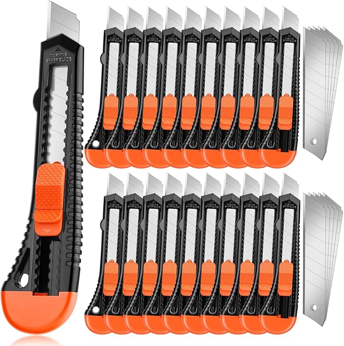 JOYUMY 20 Pack Utility Knife, Box Cutter Retractable, Box Knife for Cartons, Cardboard, and Boxes, Box Opener with 10 Pieces 18mm Snap-off Blade, Razor Knife for Office and Home Use, Box Cutters
