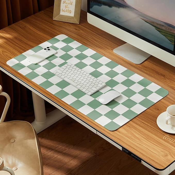 Ohocut Checkered Desk Mat, Large Cute Aesthetic Retro PU Leather Computer Laptop Desk Mat, Non-Slip Waterproof Mouse Keyboard Pad, Desk Writing Mat for Work/Home (Sage, 23.6" x 13.7")