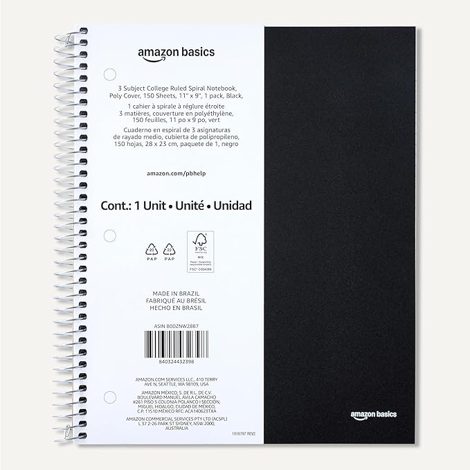 Amazon Basics College Ruled Spiral Notebook, 3 Subject, 150 Sheets, 8.5 x 11 inches, Black