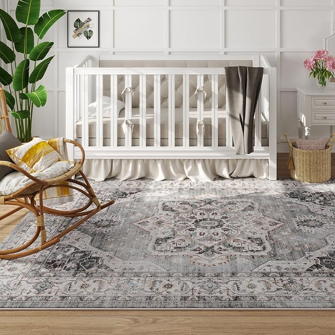 Rugcomf Vintage Medallion Living Room Rug 5'x7' - Machine Washable Area Rug, Non-Slip Low Pile Boho Carpet for Bedroom, Dining Room, Farmhouse, Office, Kids Playroom - Grey and White